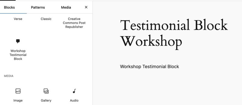 A screenshot of the WordPress editor showing the Workshop Testimonial Block that we're making